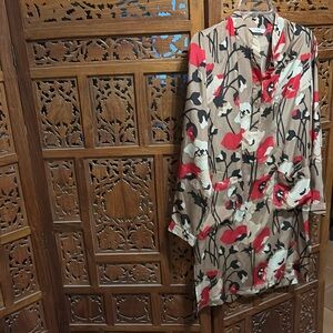 💯% Silk Tab Front Dress with Side Slits and Cuffed Long Sleeves